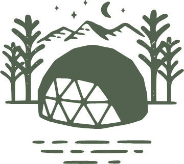 Domo geodesico entre pinos, isotipo de El Escondido